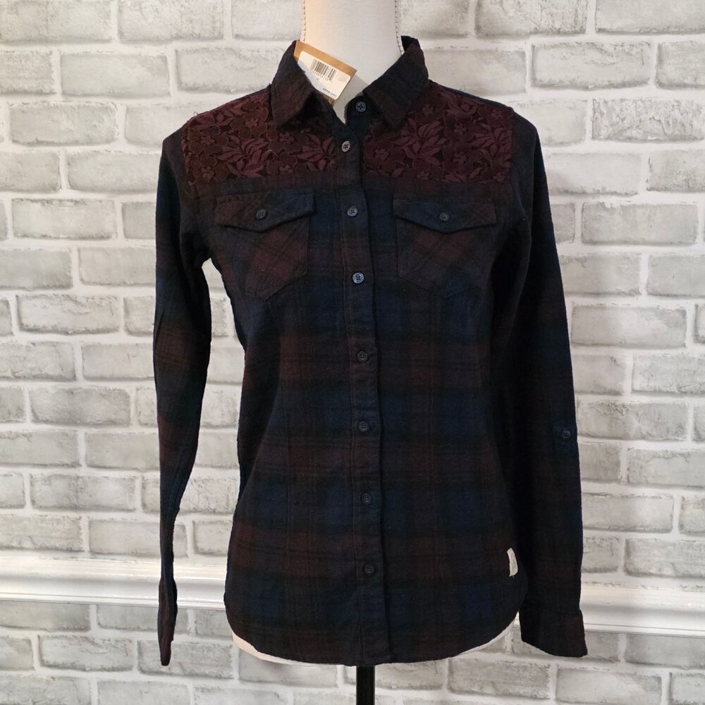 Silver Jeans Flannel Lace Button Up Shirt Burgundy Red Cozy Relaxed NEW Girls 12
